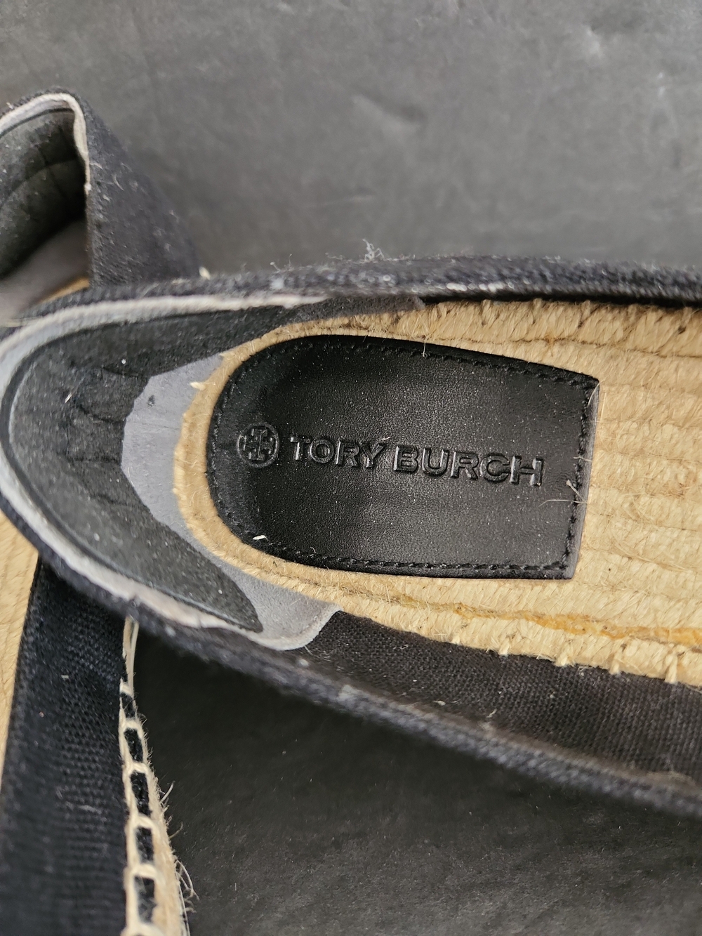 Tory Burch Espadrille Flat Logo Black Leather Canvas Women Size 8.5 - Picture 2 of 8